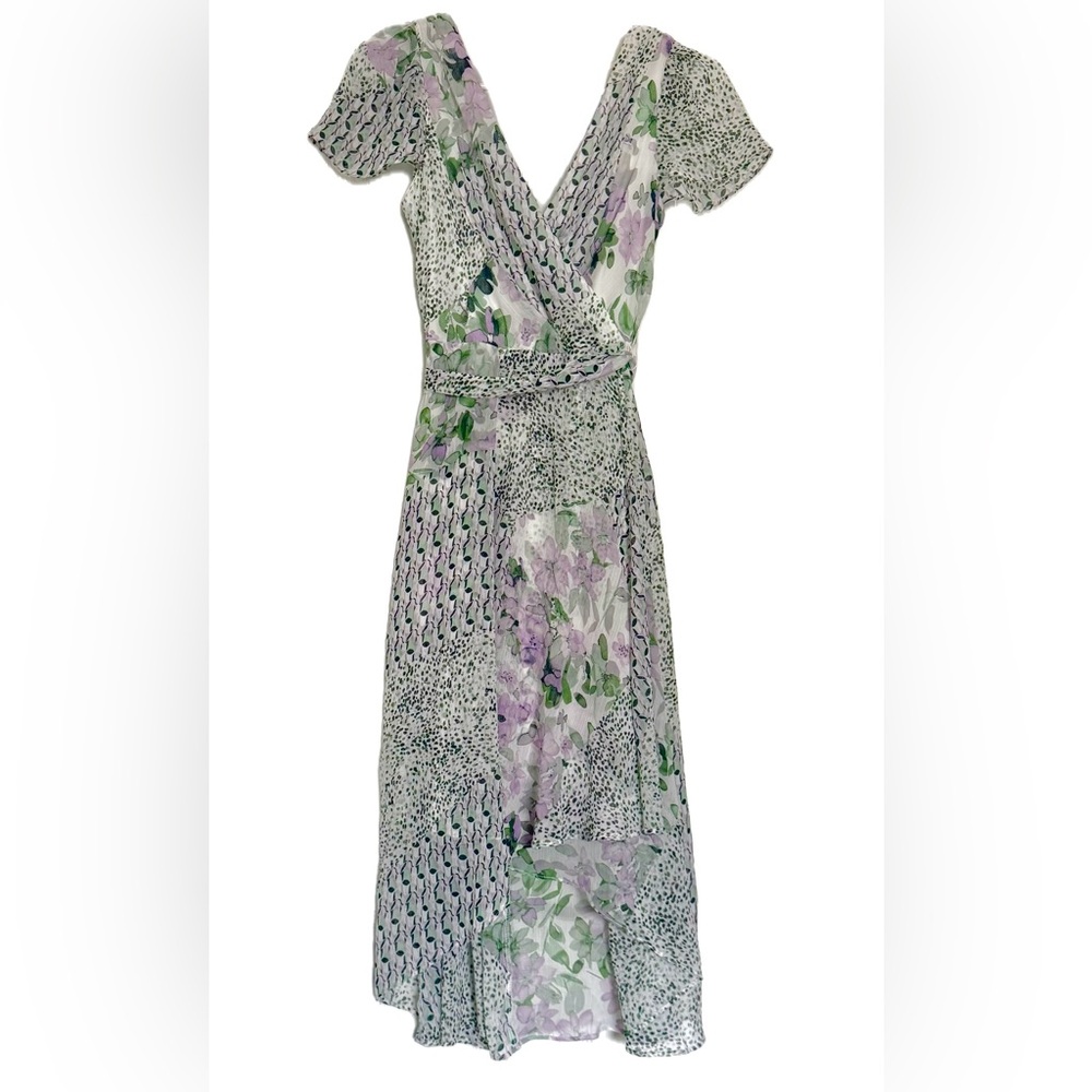 DKNY Women Purple Floral Printed Short Sleeves Faux-Wrap Dress Size US 2